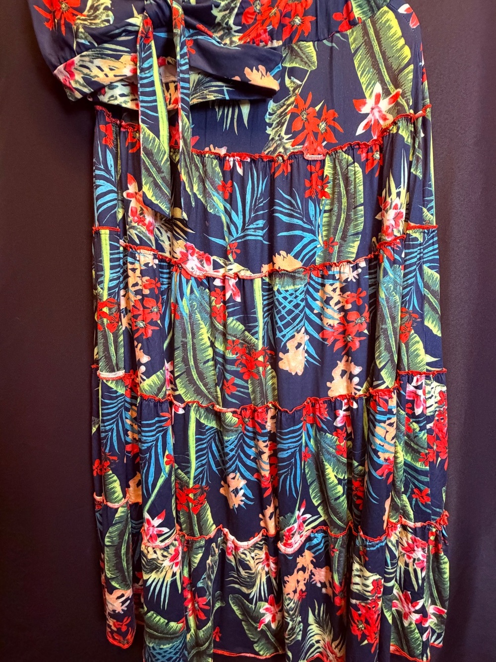 Navy Tropical Floral Tiered Maxi Dress with Red & Green Accents